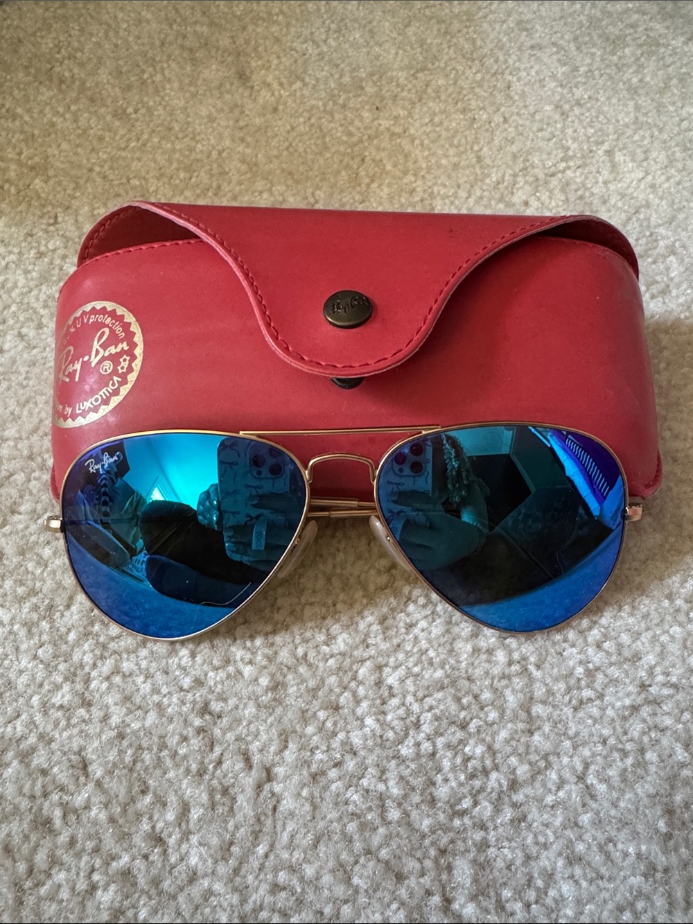 Ray-Ban Gold Frame Sunglasses with Blue Lenses and Red Case